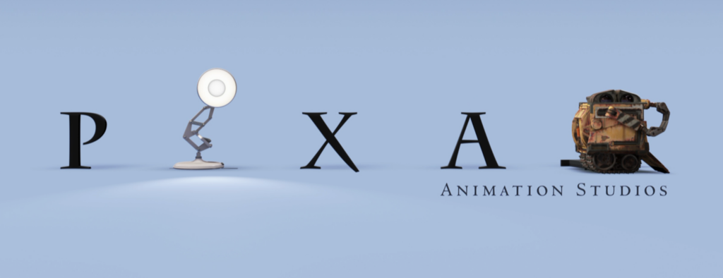 Pixar logo variation featuring Luxo Jr. alongside WALL-E on a blue background, combining Pixar’s iconic lamp and beloved robot character.